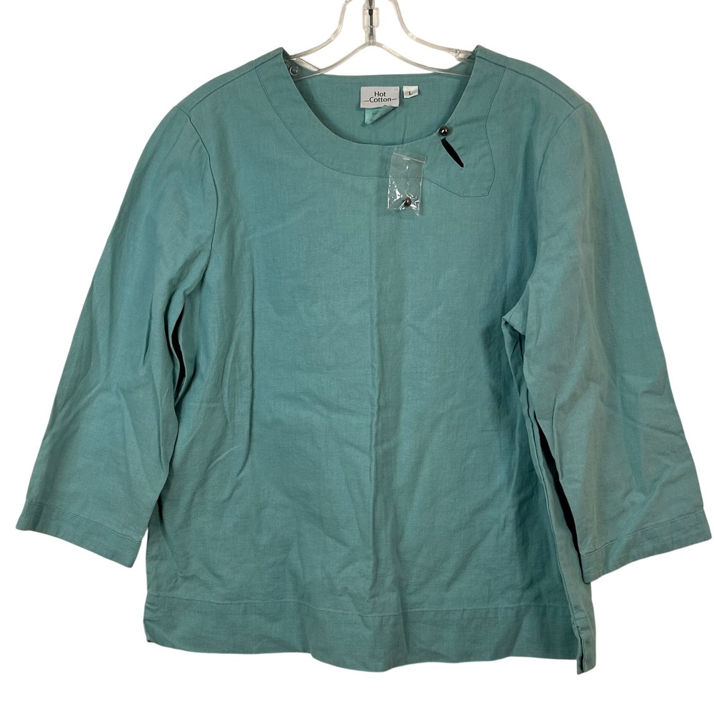 Hot‎ Cotton Linen Blend Teal Asymmetrical Neckline 3/4 Sleeve Blouse Large